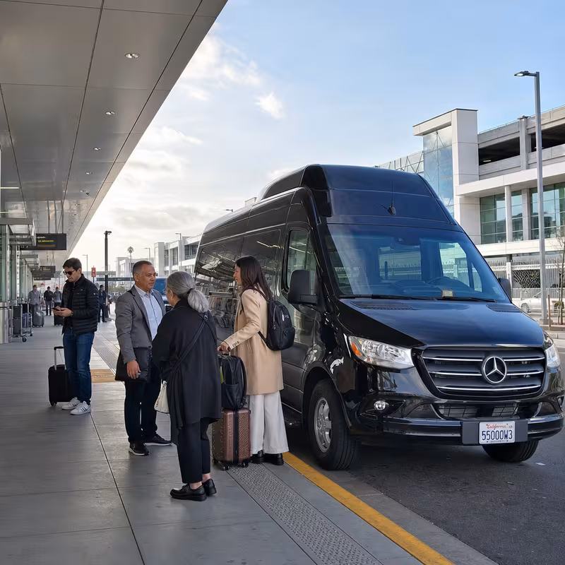 Group boarding a white charter bus for Airport Transportation transportation in Hayward
