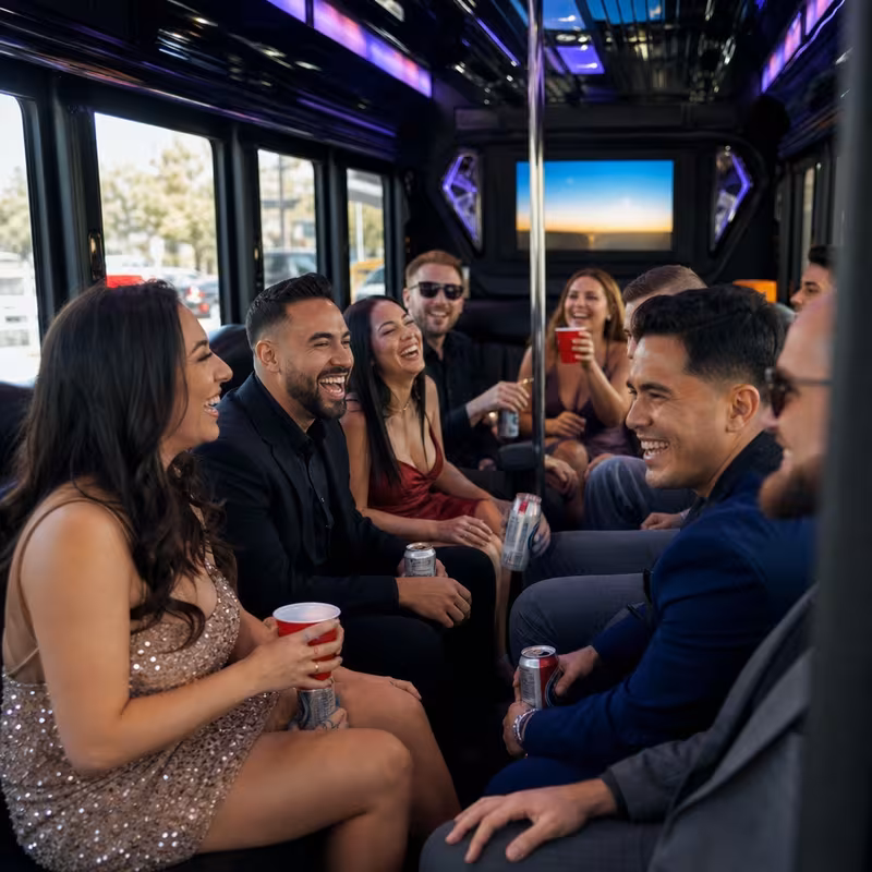 Party bus interior with wraparound leather seating and LED lighting in Hayward