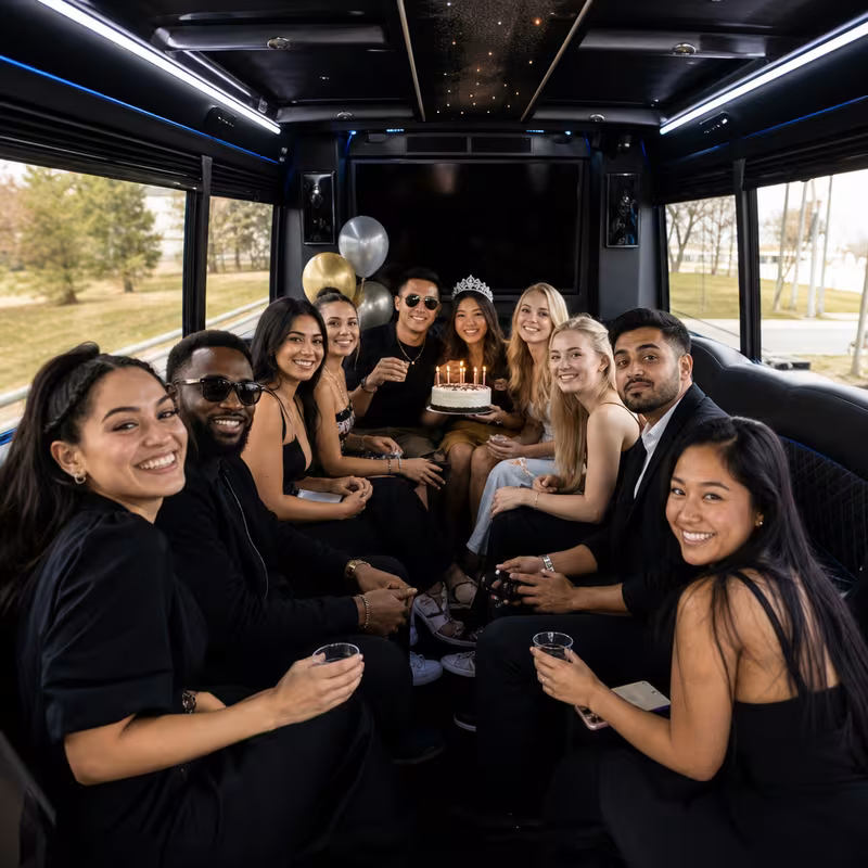 Black Mercedes Sprinter van staged for an Hayward Birthday Transportation group