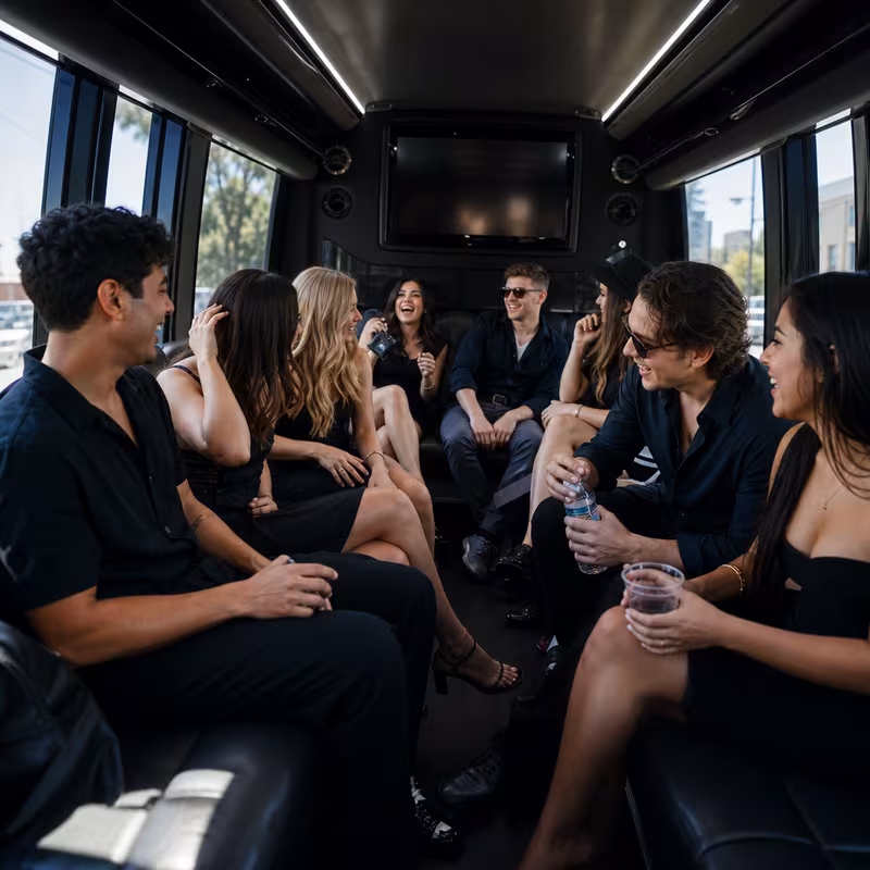 Group boarding a white charter bus for Concert Transportation transportation in Hayward