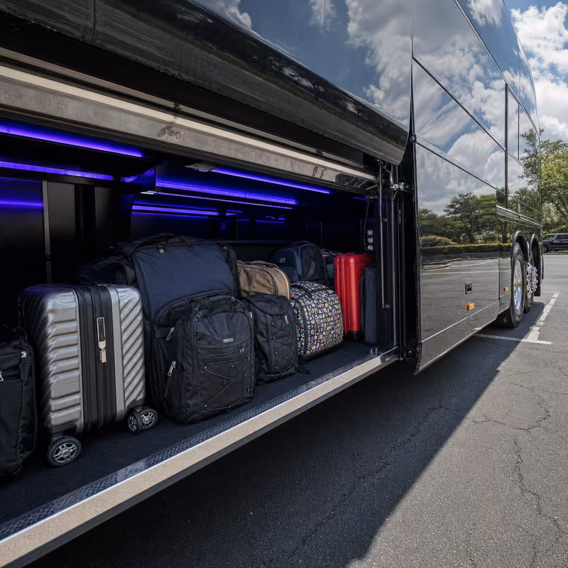 Party bus interior with wraparound leather seating and LED lighting in Hayward