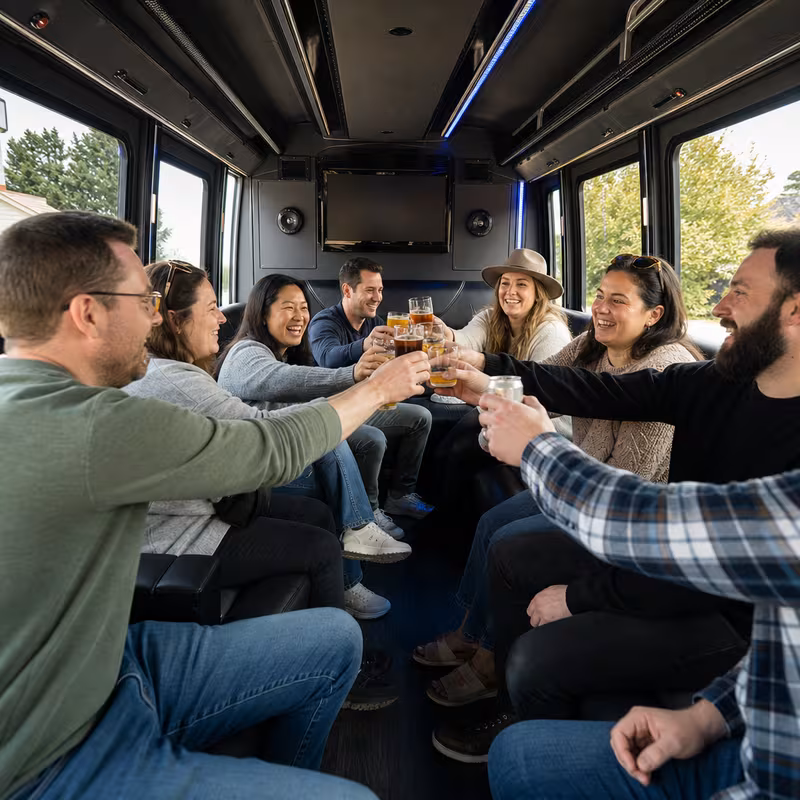 Group boarding a white charter bus for Winery & Brewery Tour Transportation transportation in Hayward